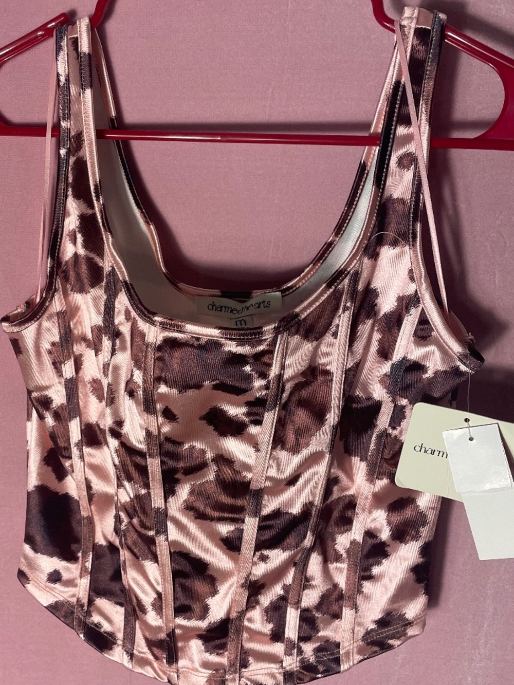 NWT Satiny Sz. Med Pink & Tortoise corset style cami top with boning